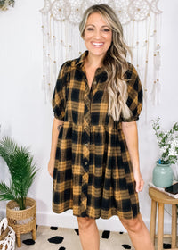 Camel and Black Flannel Puff Sleeve Dress