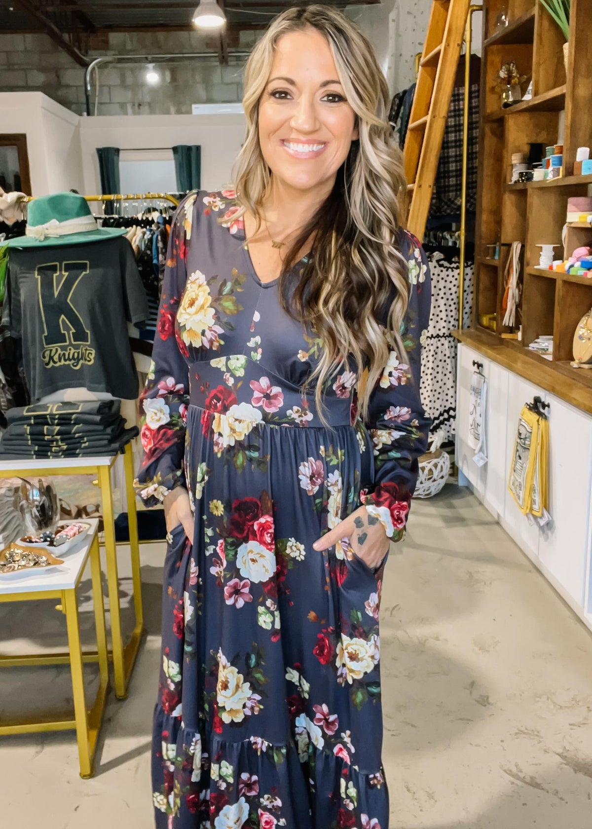 Charcoal and Yellow Floral Midi Dress