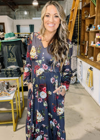 Charcoal and Yellow Floral Midi Dress