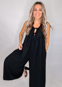 Black Wide Leg Jumpsuit with Ribbon Detail