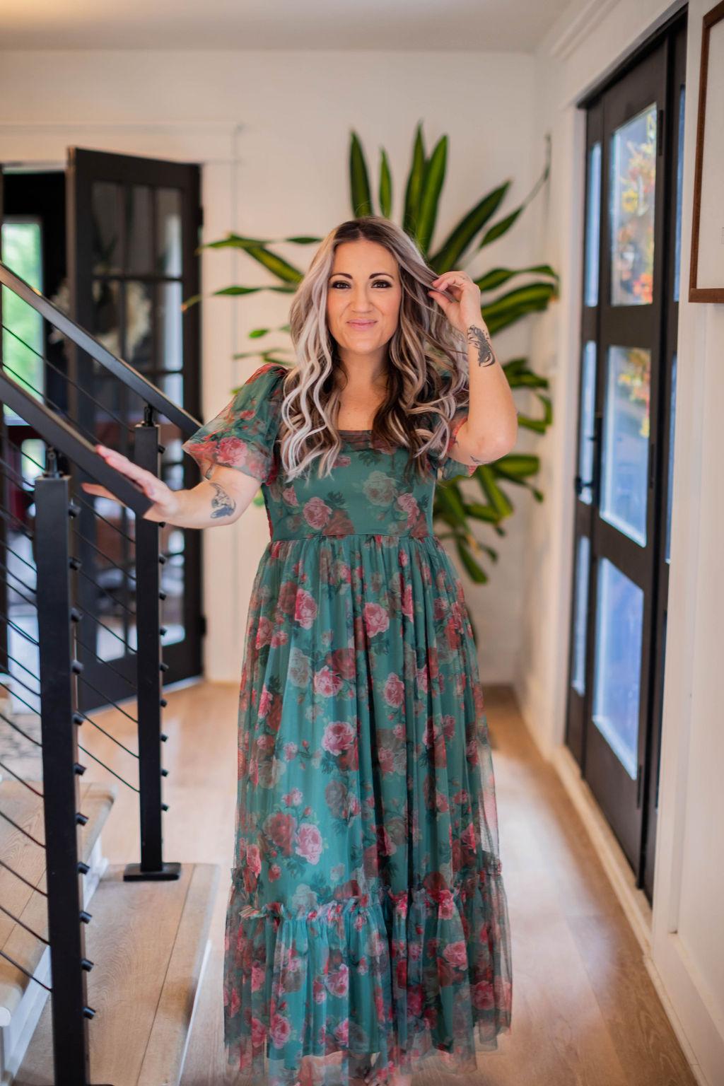 Green and Floral Mesh Maxi Dress