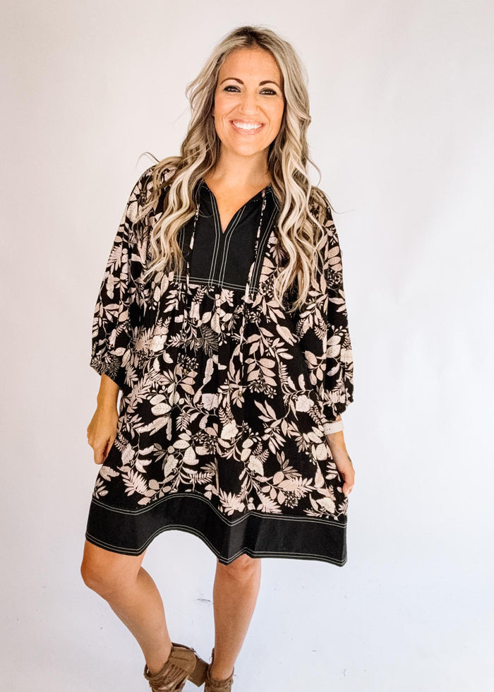 Black Printed Dress with Black Trim