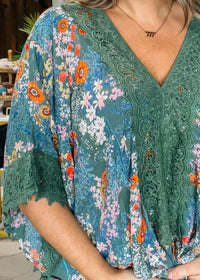 Petite Print Tie Front Top with Lace Trim