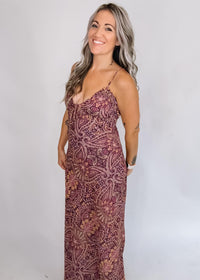 Purple Printed Open Back Chiffon Maxi