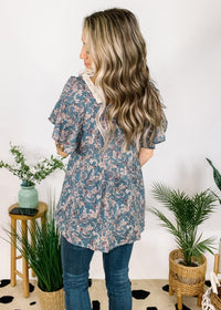 Steel Blue Paisley and Floral Blouse with Lace Detail