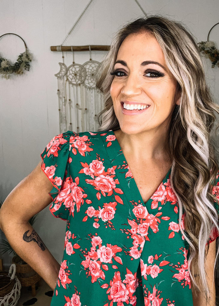 Green and Pink Floral Ruffle Sleeve Blouse