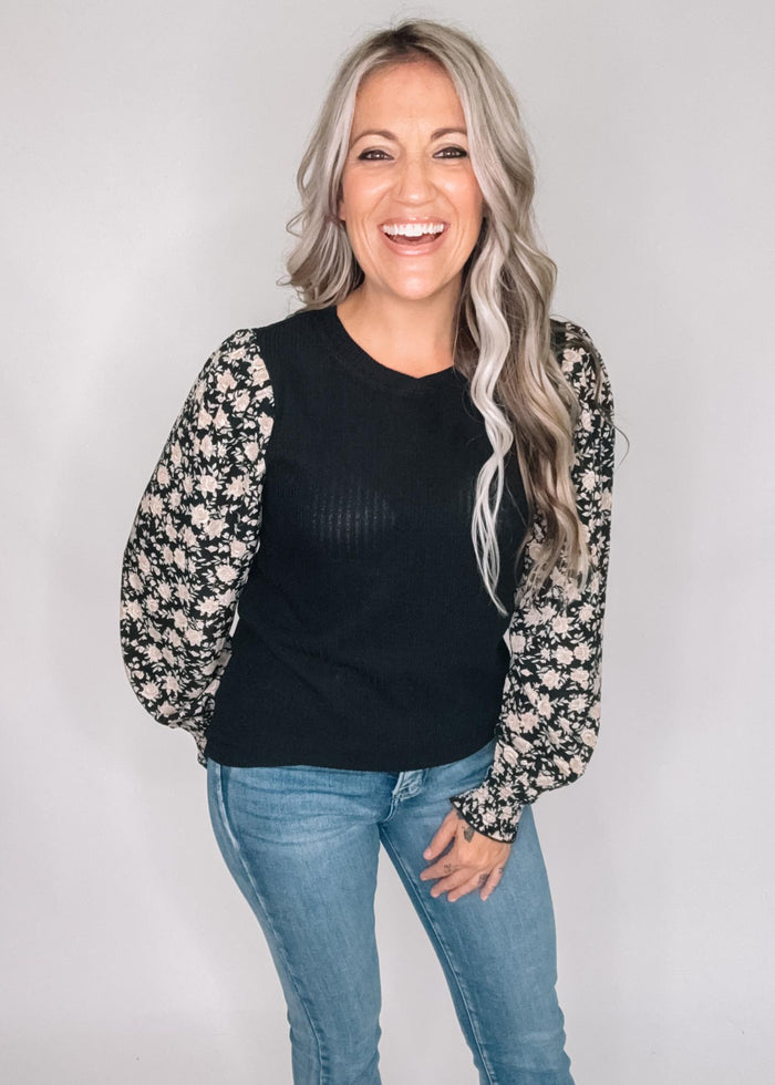 Black Ribbed Top with Floral Smocked Cuff Sleeves