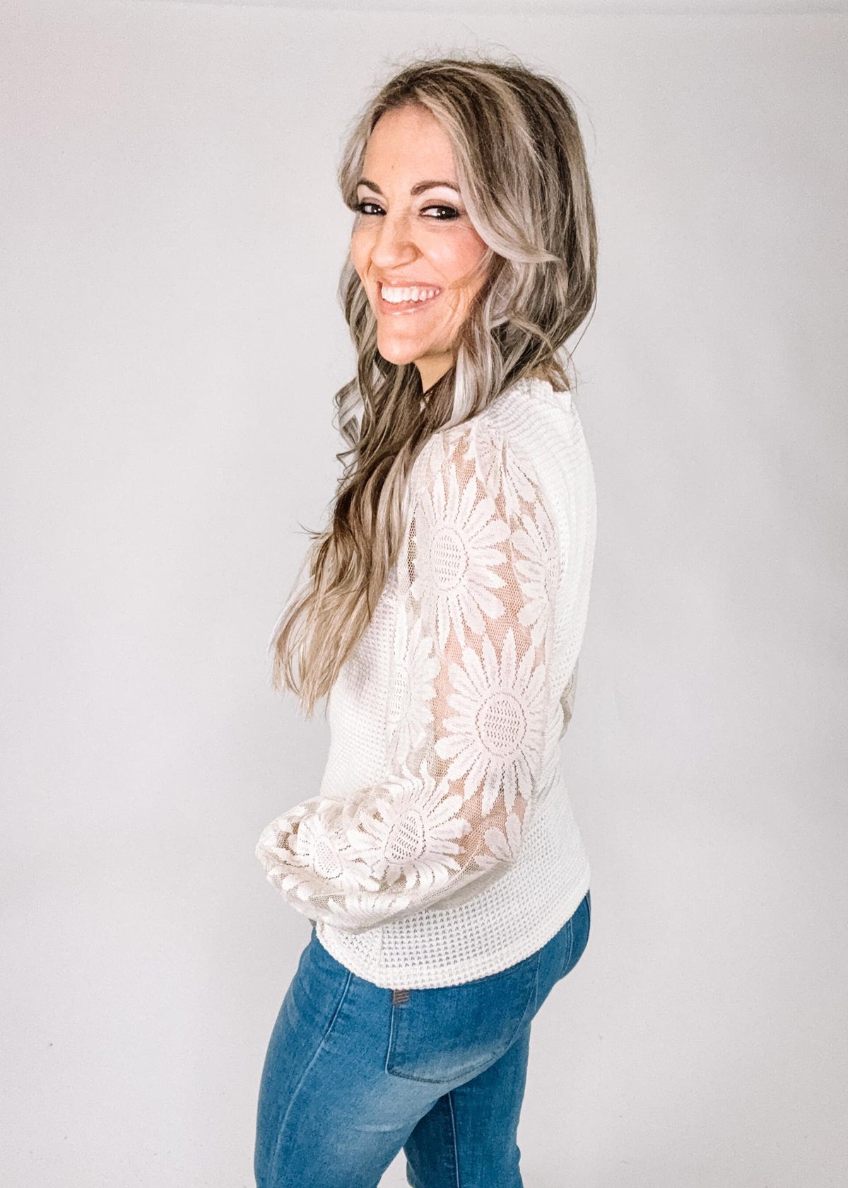 Beige Waffle Knit Top with Lace Sleeves