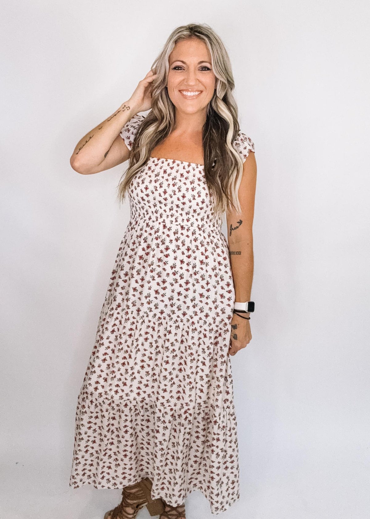 Cream Red Floral Smocked Midi Dress