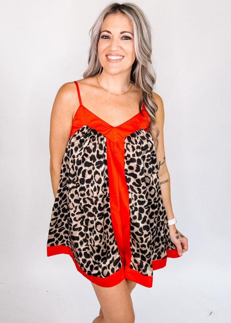 Red Trim Animal Print Satin Romper