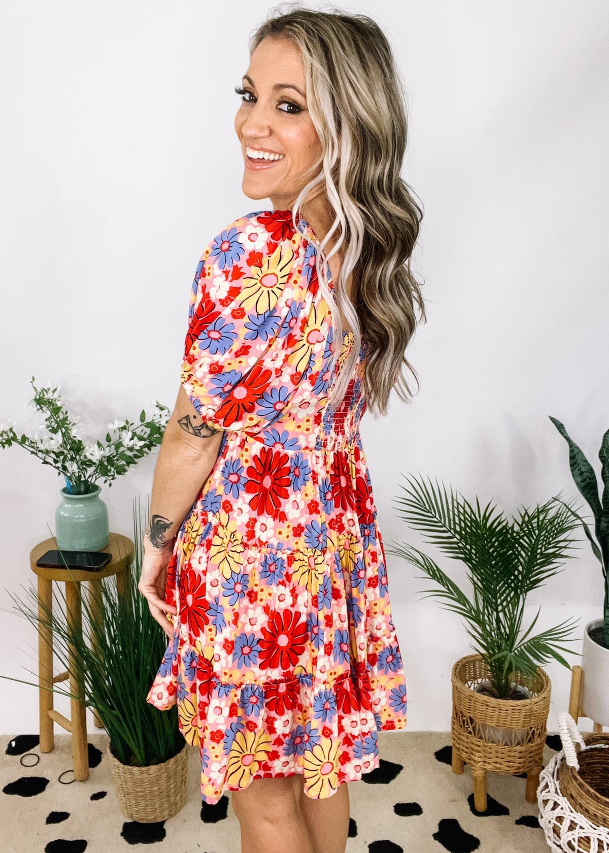 fun print mini dress Romeo Yellow Print Mini Dress - US 6
