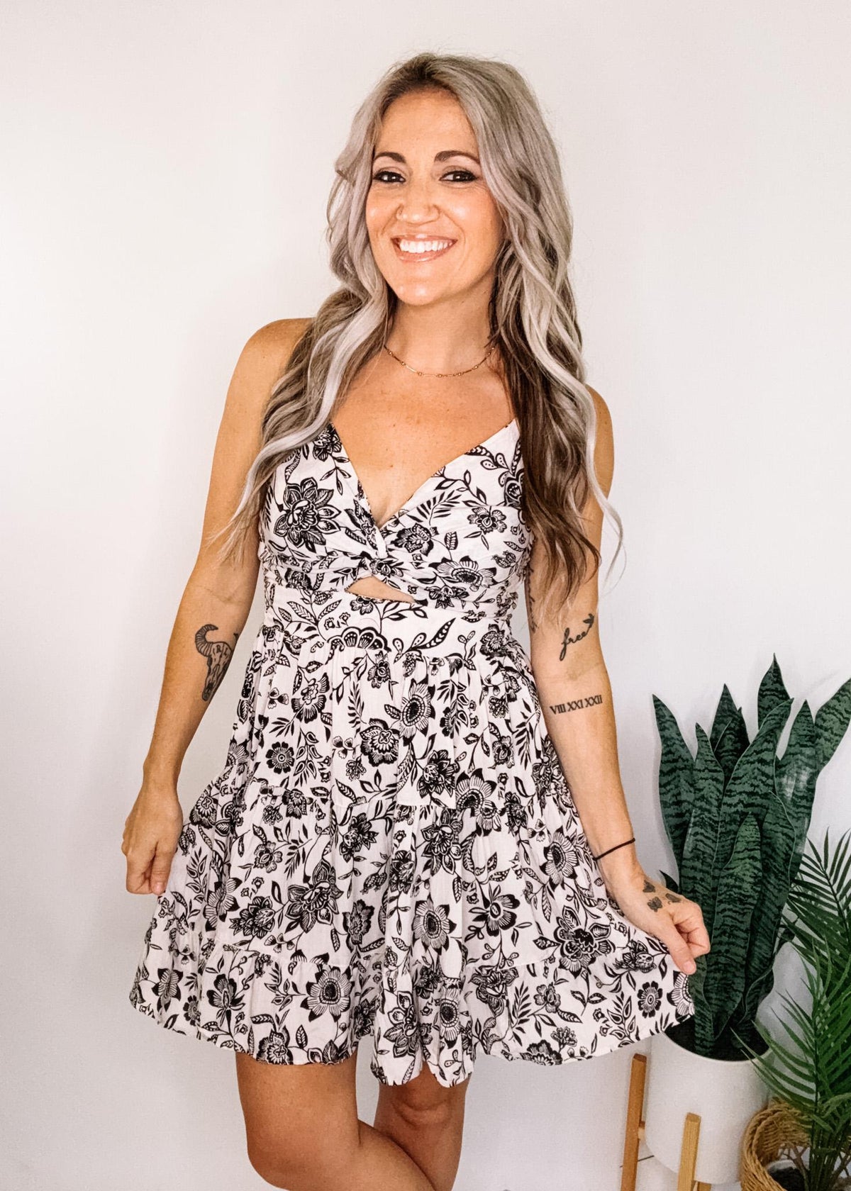 White Twist Front Mini Dress with Black Floral