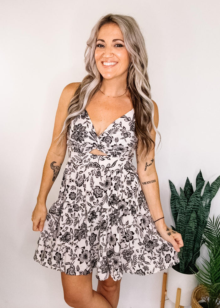 White Twist Front Mini Dress with Black Floral