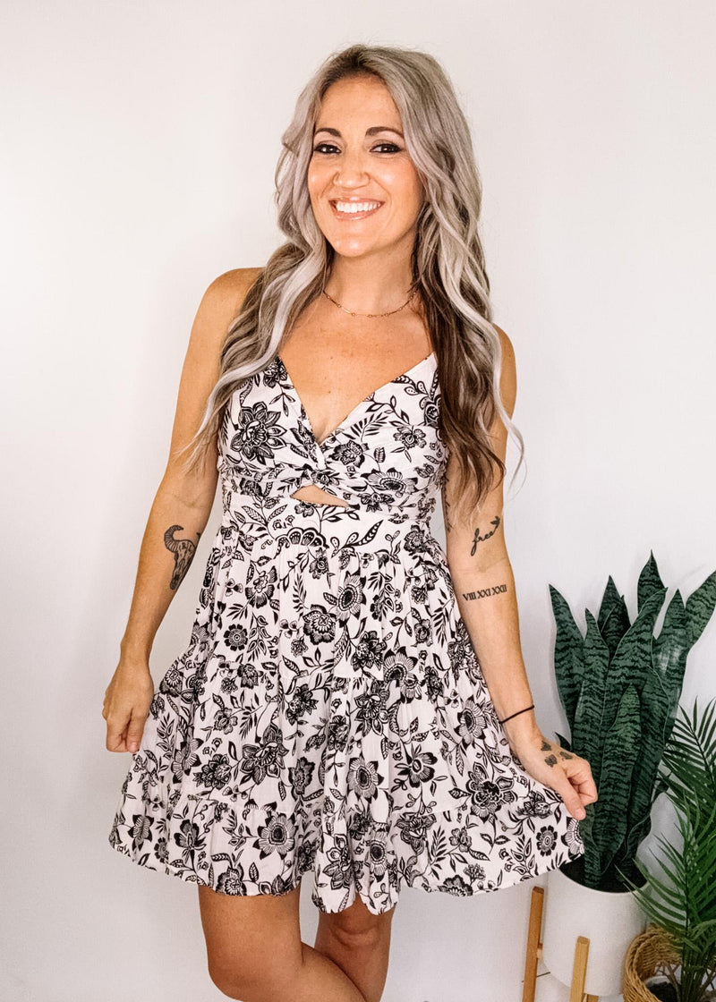 White Twist Front Mini Dress with Black Floral