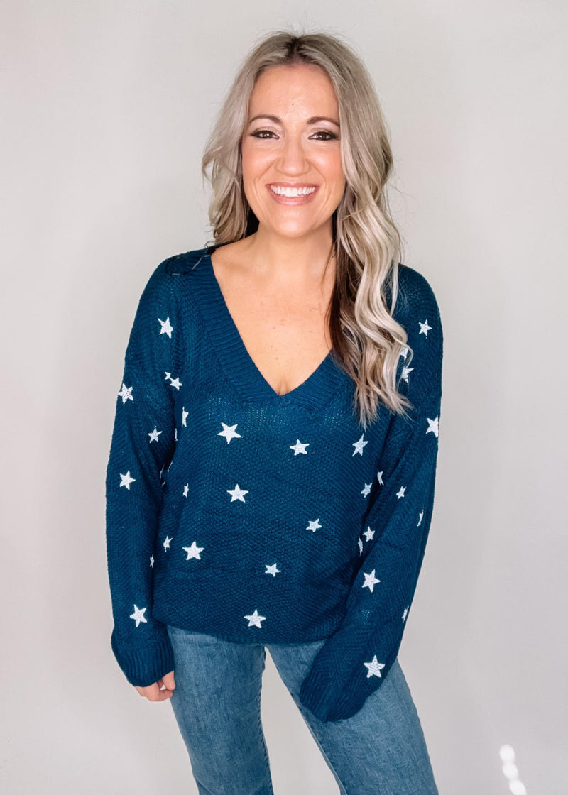 BLACK FRIDAY Star Print V Neck Knit Top