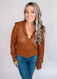 Zip Up Pointelle Open Knit Sweater