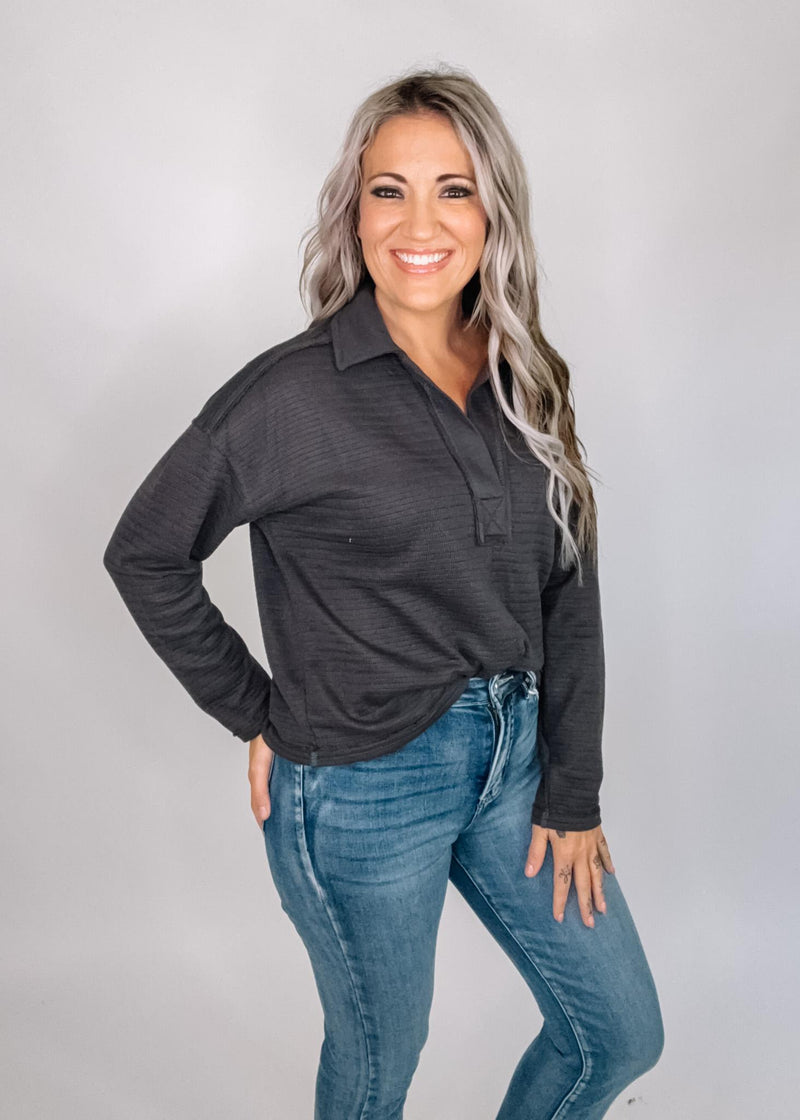 Charcoal Exposed Seam Polo Top