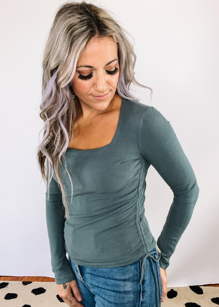 Soft Sage Ribbed Drawstring Ruche Top