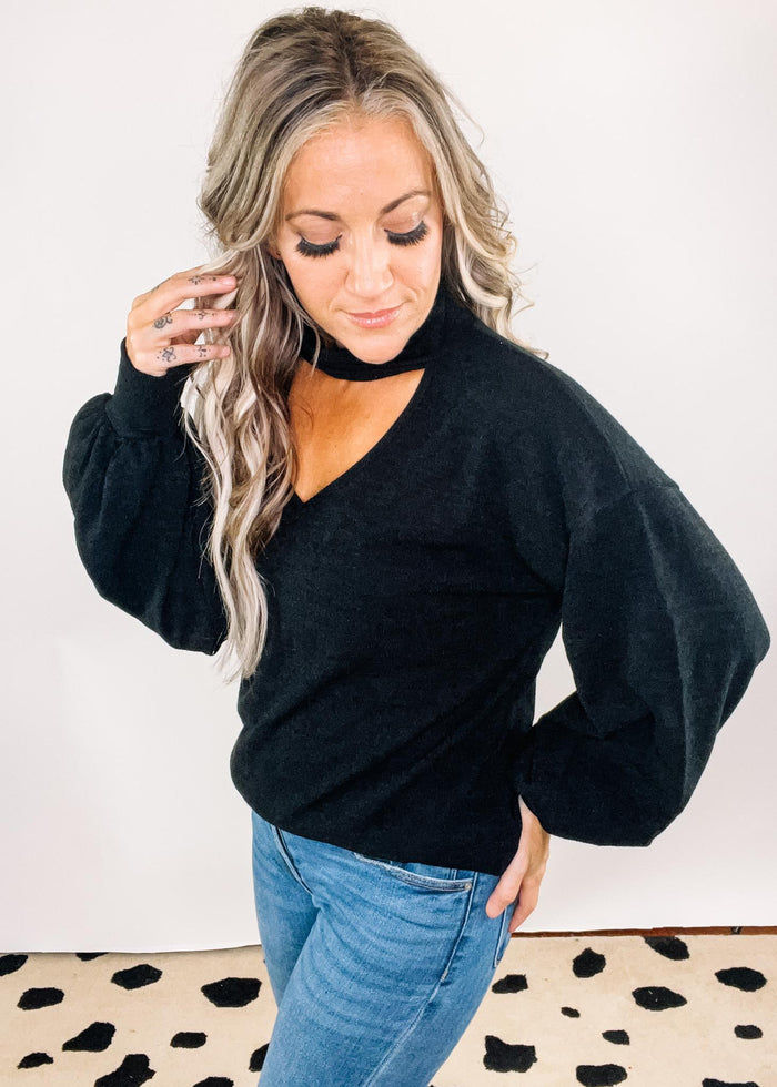 Black Sweater Knit Top with Cut Out Detail