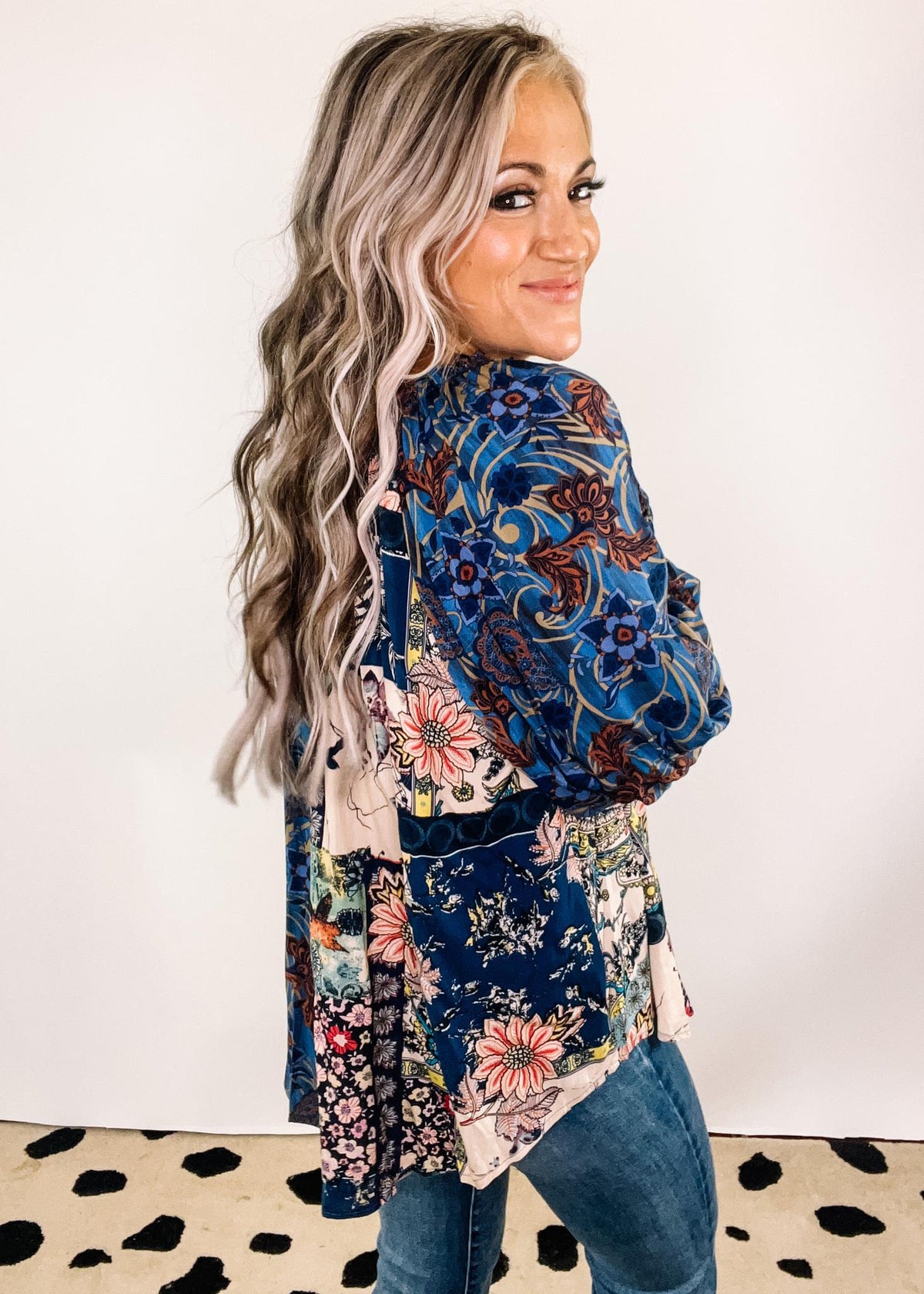 Midnight Mixed Print Front Button Long Sleeve Blouse