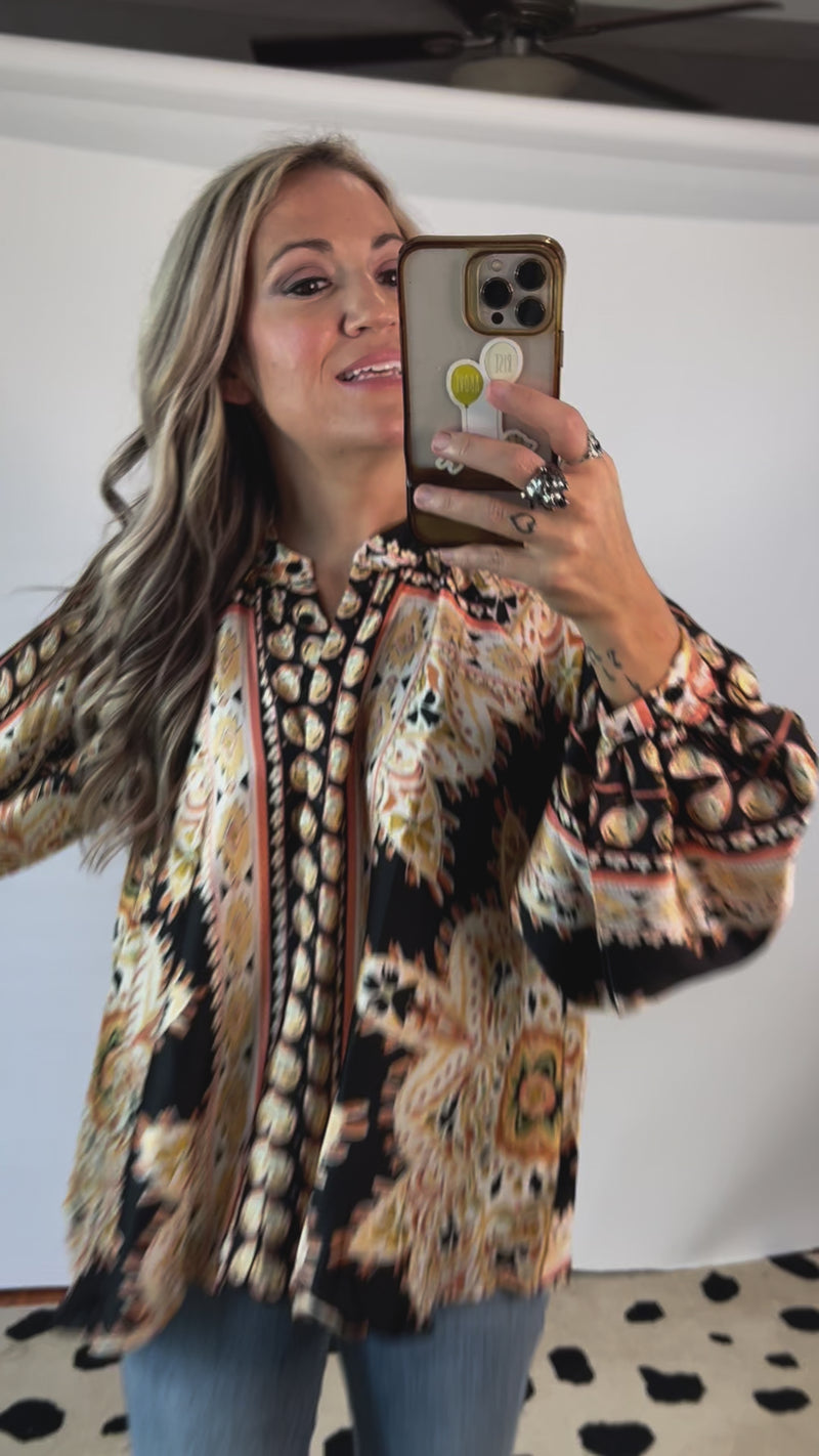 Printed Covered Button Blouse