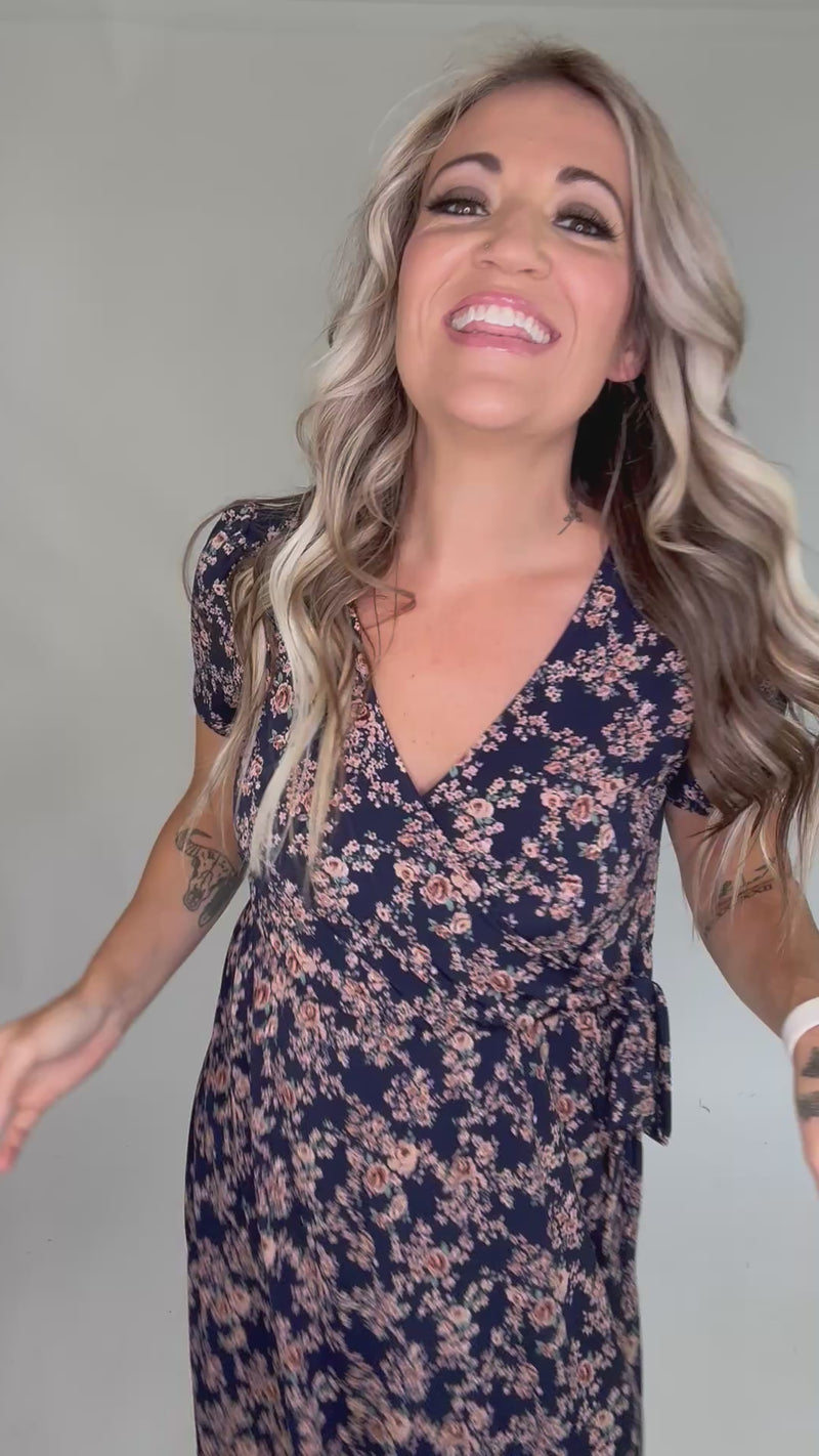 Navy and Taupe Ditsy Floral Faux Wrap Dress