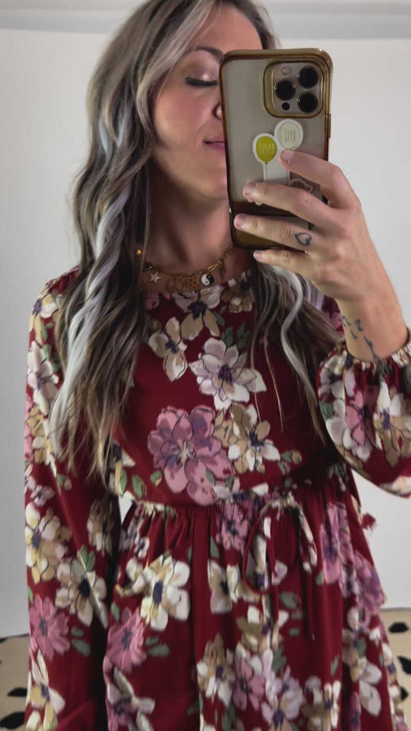 Burgundy Fall Floral Chiffon Blouse