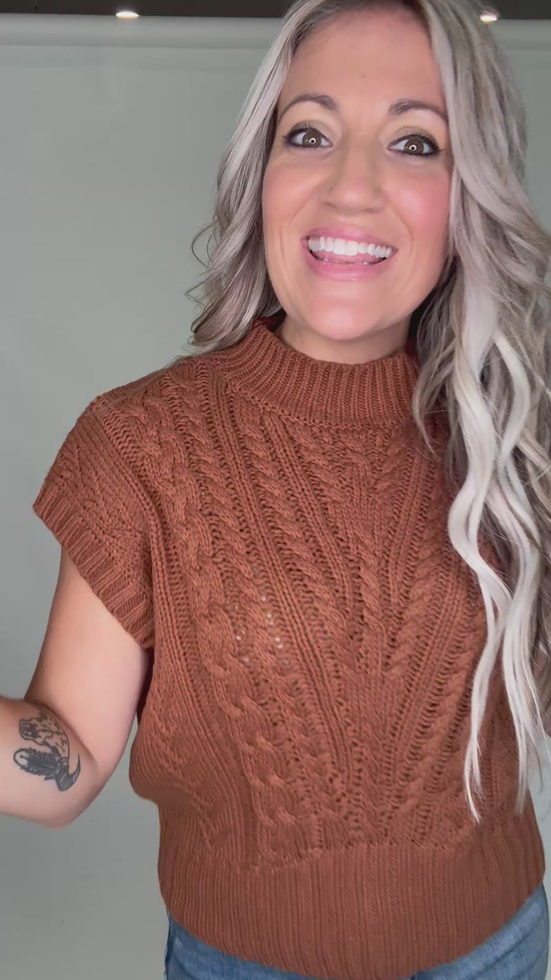 Caramel Cable Knit Sleeveless Sweater