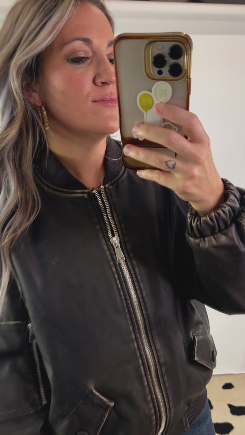 Dark Brown Faux Leather Bomber Jacket