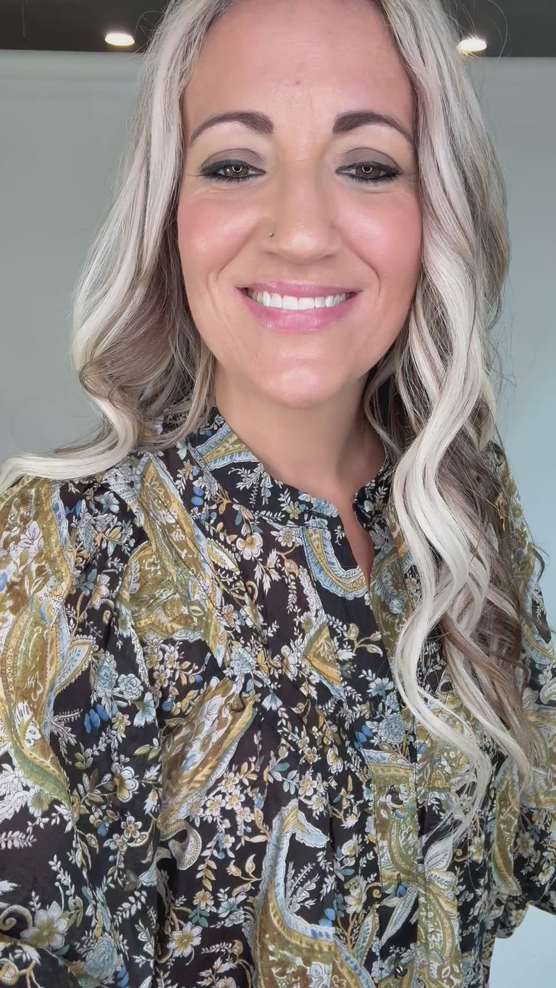 Olive Paisley Printed Bubble Sleeve Blouse