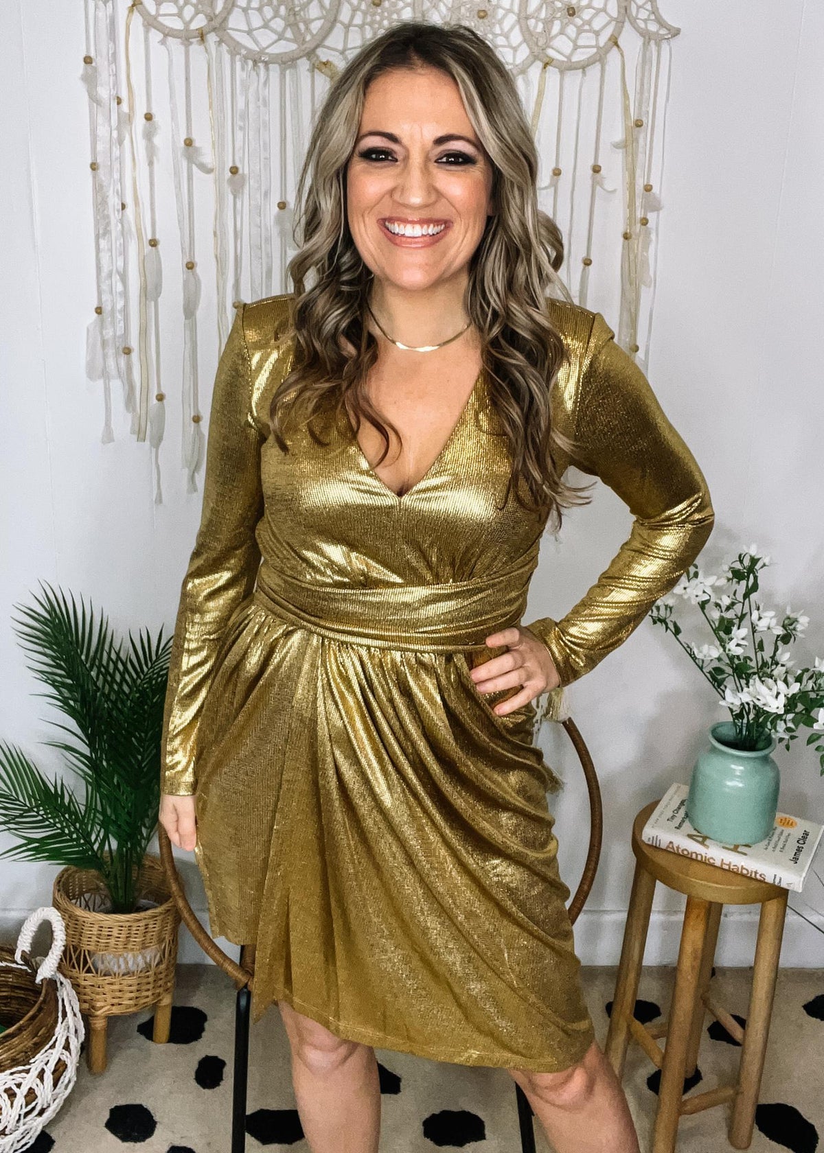 Gold Shimmery Long Sleeve Front Twist Cocktail Dress