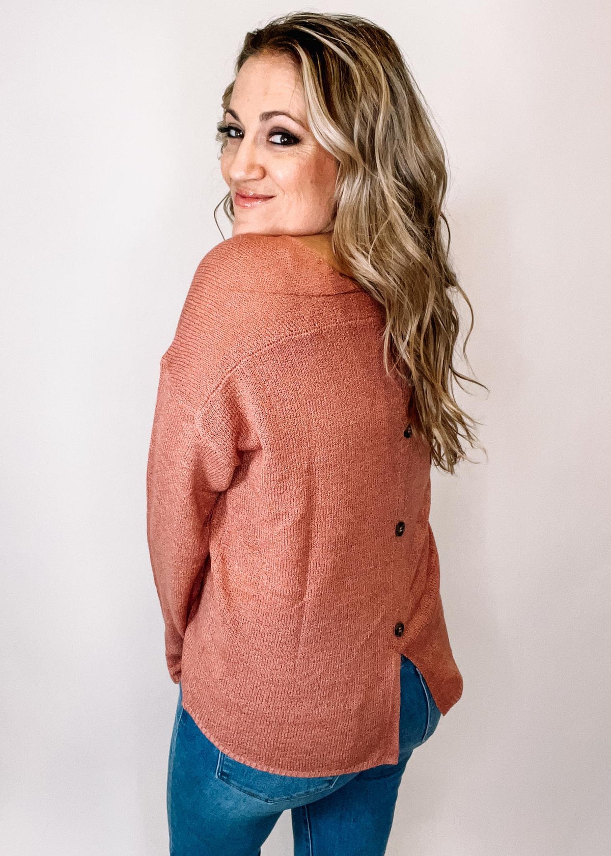 Rose Back Button Detail Sweater