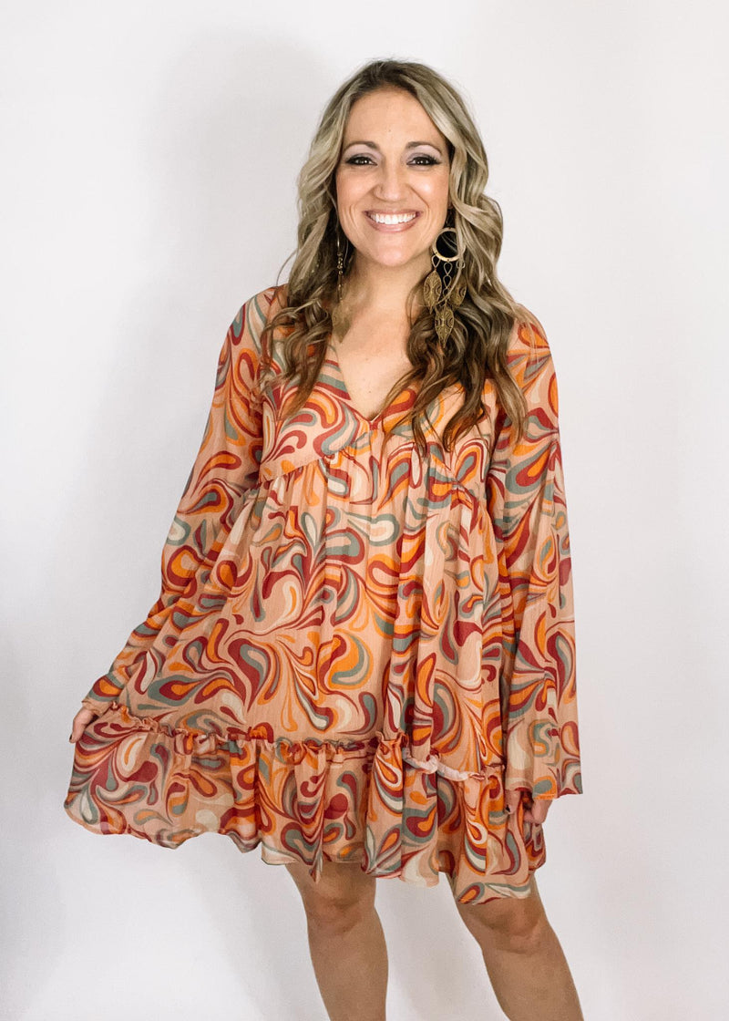 Groovy Chiffon Long Sleeve Mini Dress
