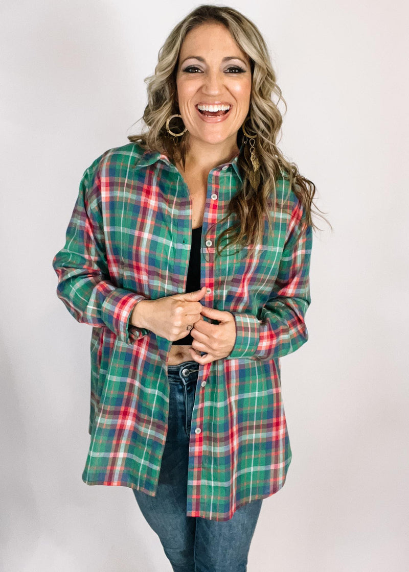 Green Plaid Relaxed Fit Button Down Shirt