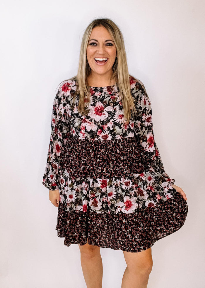 Speckle Print Block Tiered Floral Dress