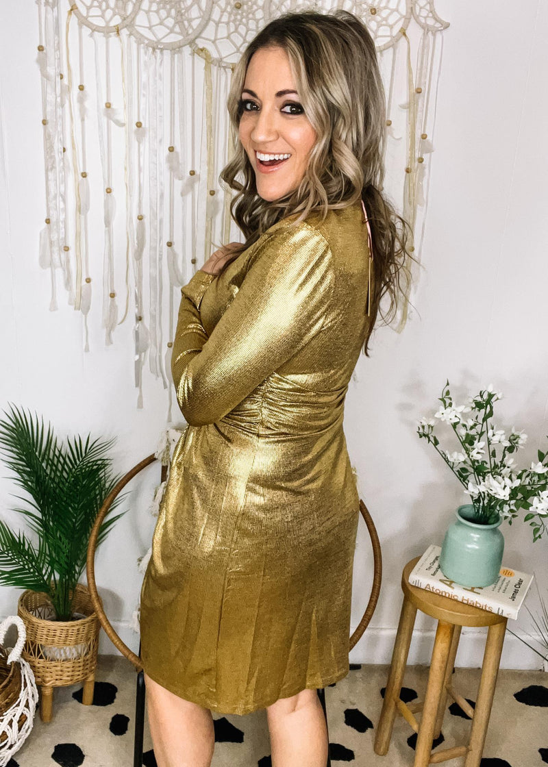 Gold Shimmery Long Sleeve Front Twist Cocktail Dress – The Teal Eagle Boutique