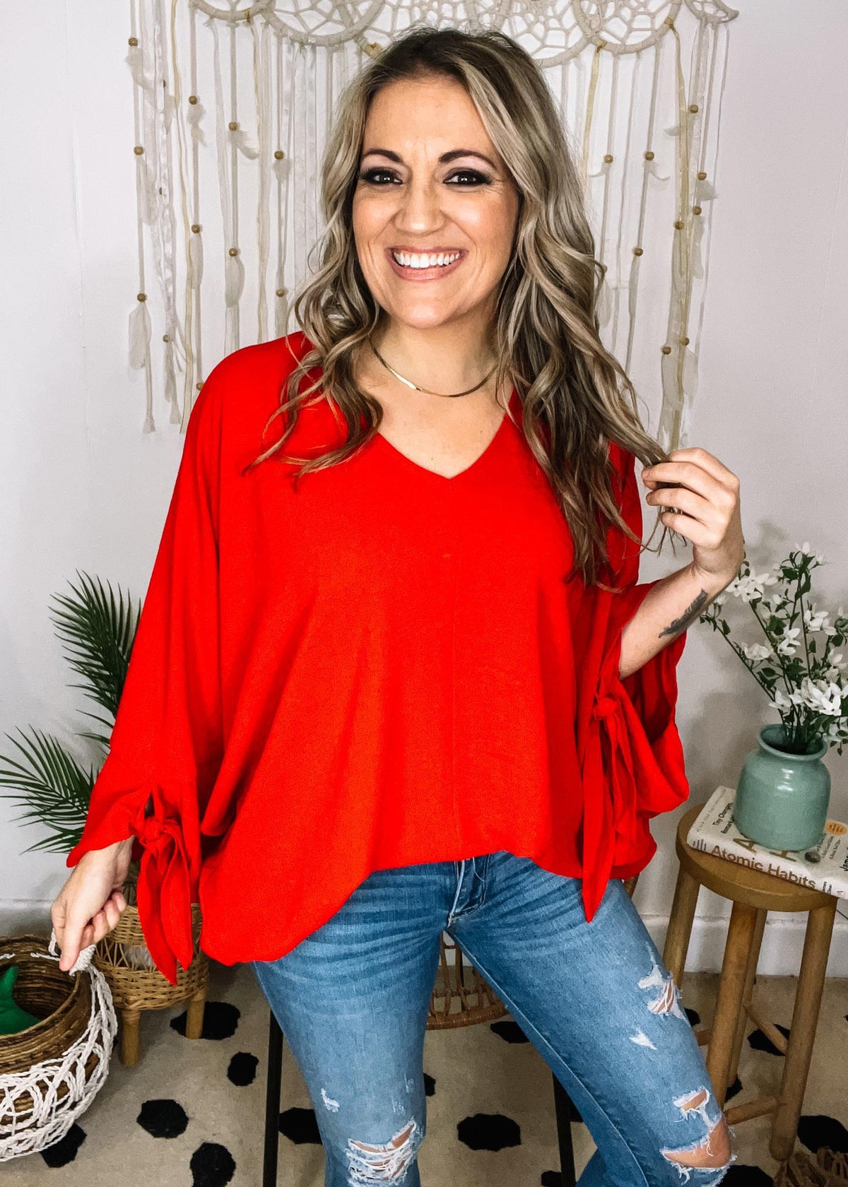 Red V Neck Poncho With Tie Detail
