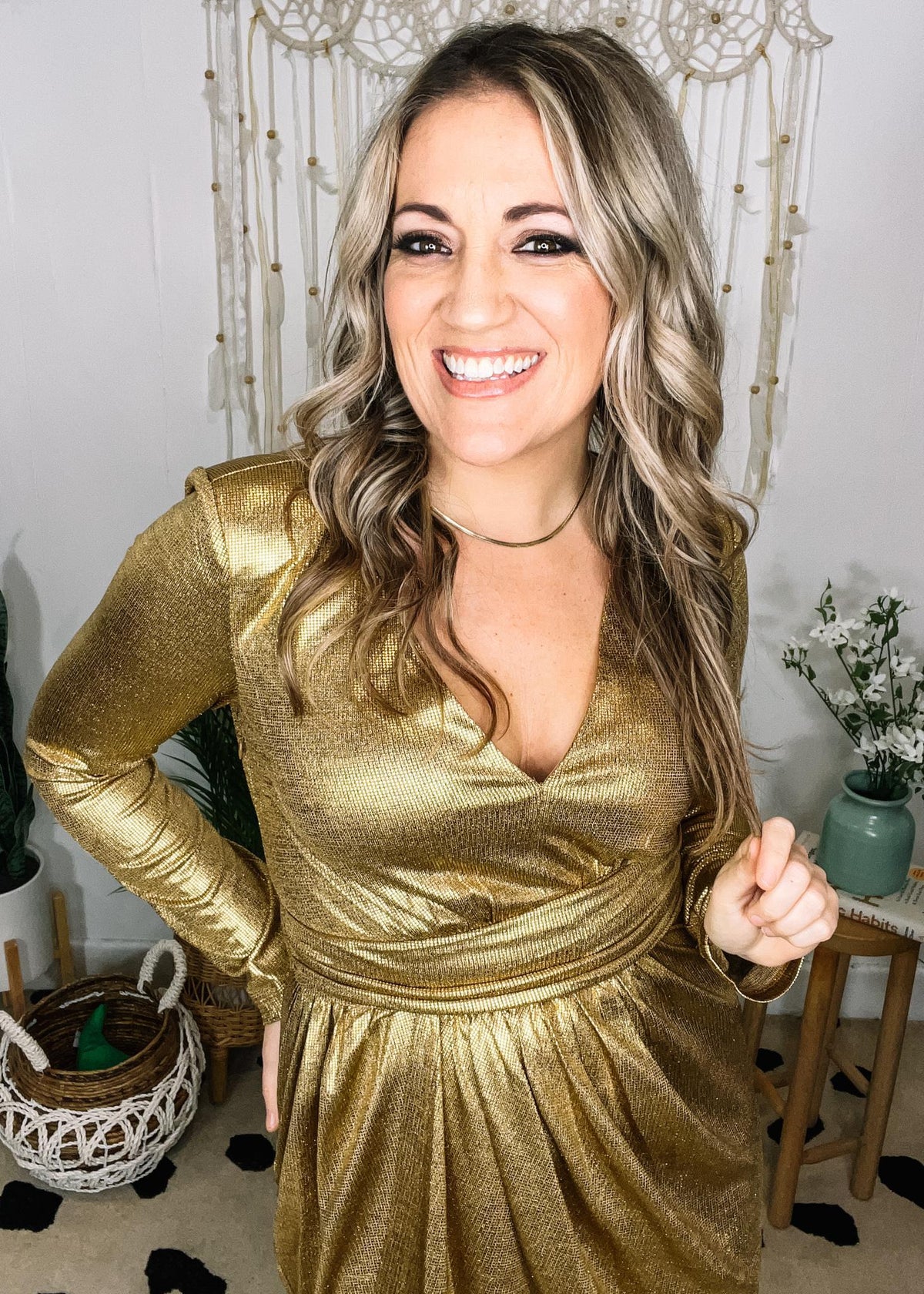 Gold Shimmery Long Sleeve Front Twist Cocktail Dress
