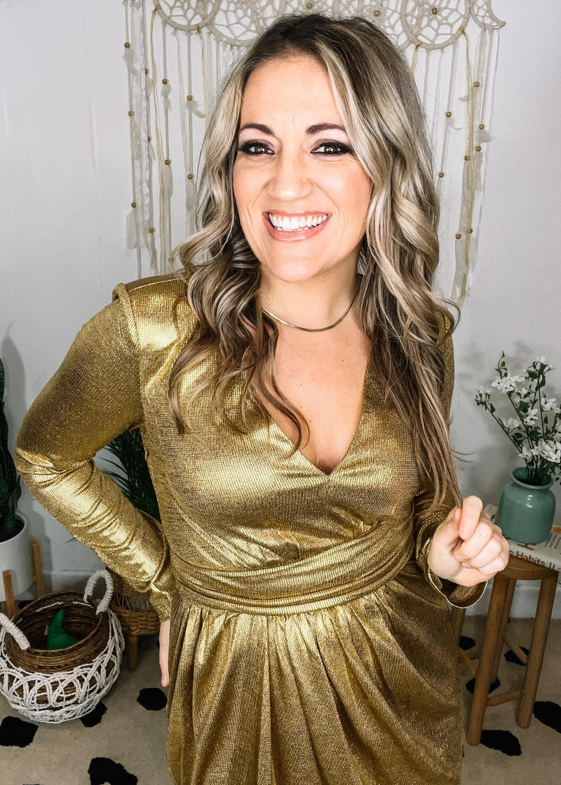 Gold Shimmery Long Sleeve Front Twist Cocktail Dress The Teal Eagle Boutique Gold Shimmery Long Sleeve Front Twist Cocktail Dress The Teal Eagle Boutique