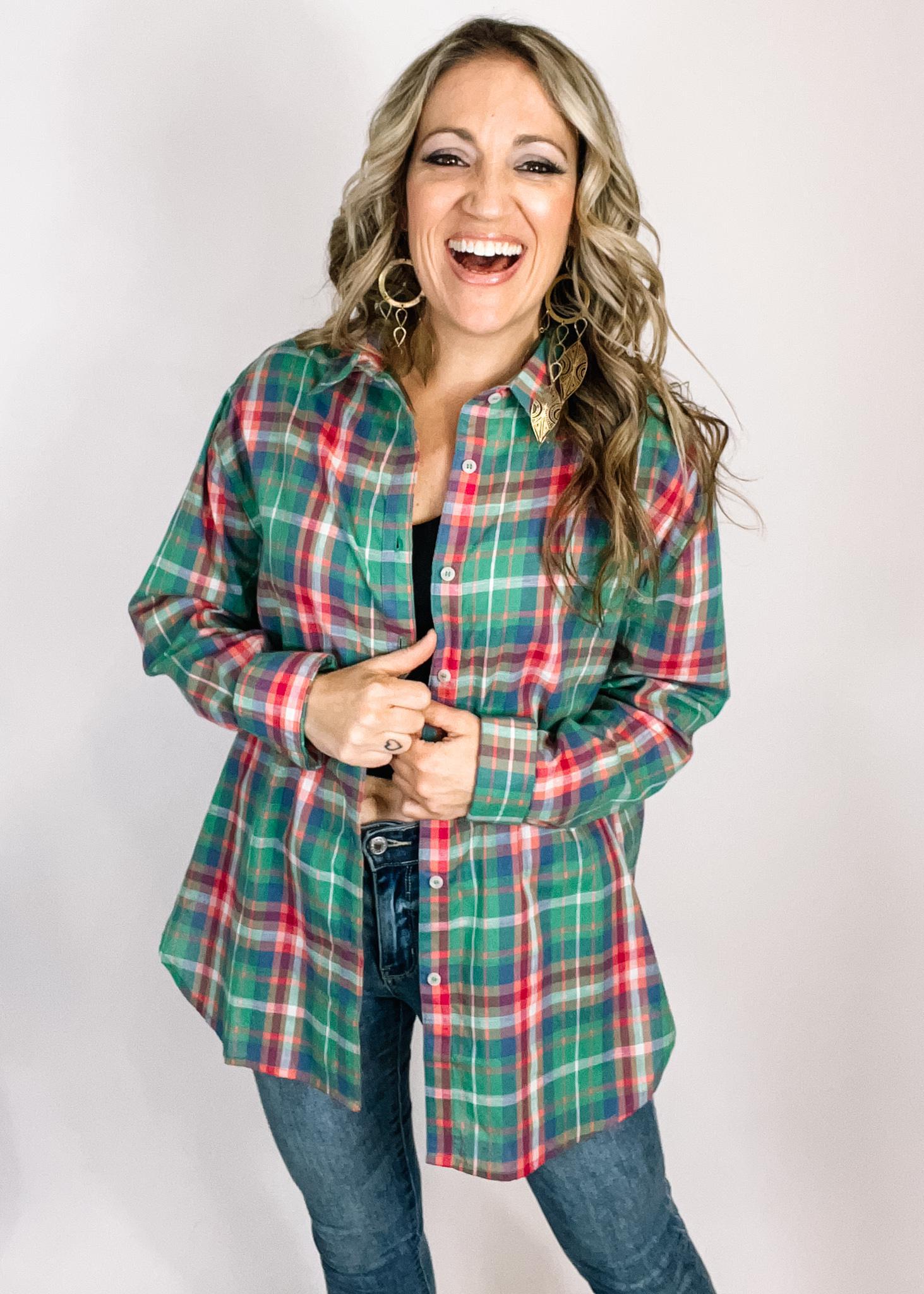 Green plaid button cheap down shirt