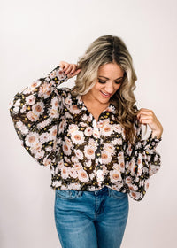 Sheer Black Floral Button Up Blouse