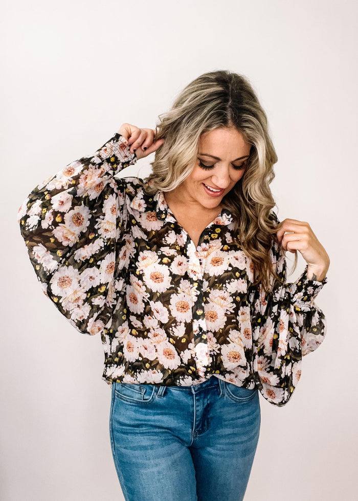 Sheer Black Floral Button Up Blouse