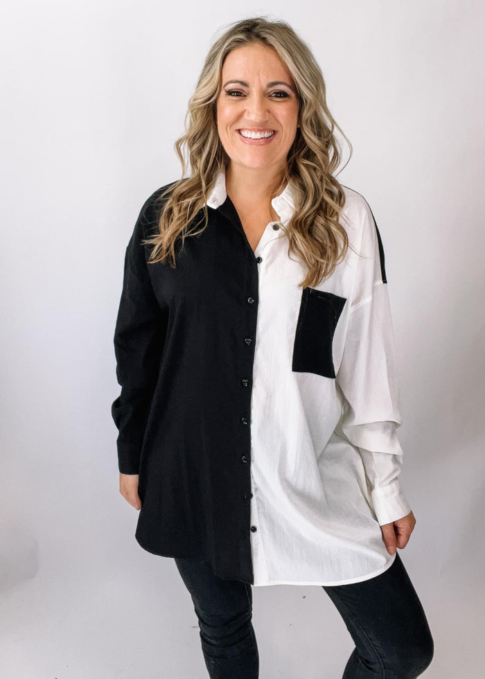 Black and White Color Block Button Down Top