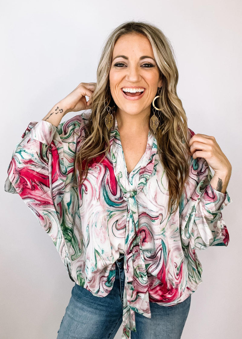 Magenta and Teal Swirl Blouse with Front Tie