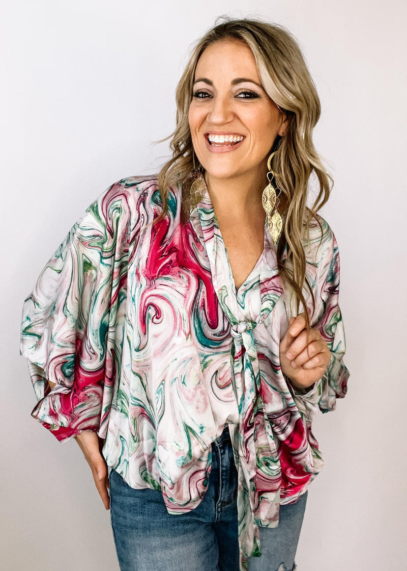 Magenta and Teal Swirl Blouse with Front Tie