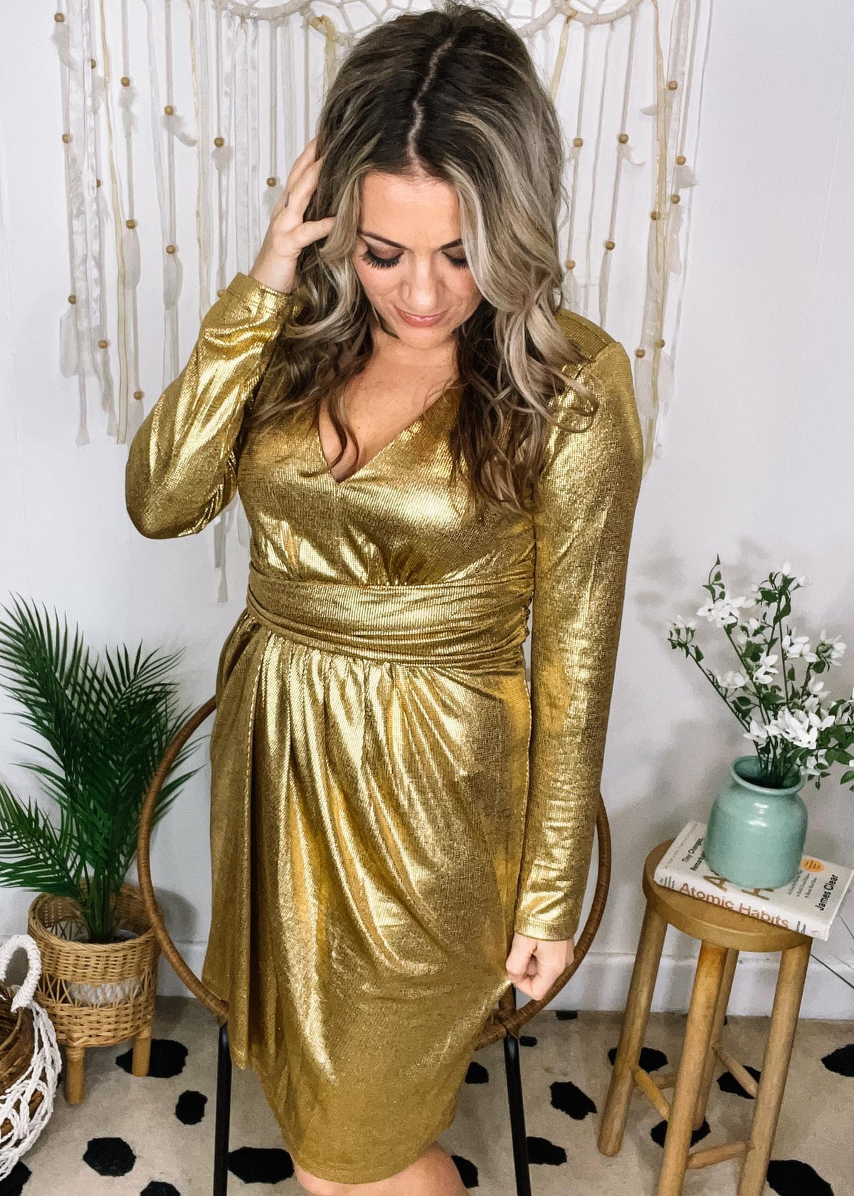 Gold Shimmery Long Sleeve Front Twist Cocktail Dress Gold Shimmery Long Sleeve Front Twist Cocktail Dress